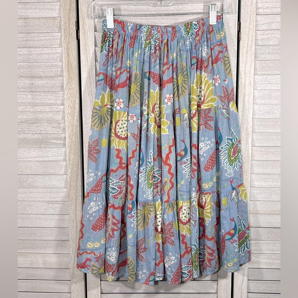 Midi Skirt Pull On Lightweight Elastic Waist Tropical Print-Medium